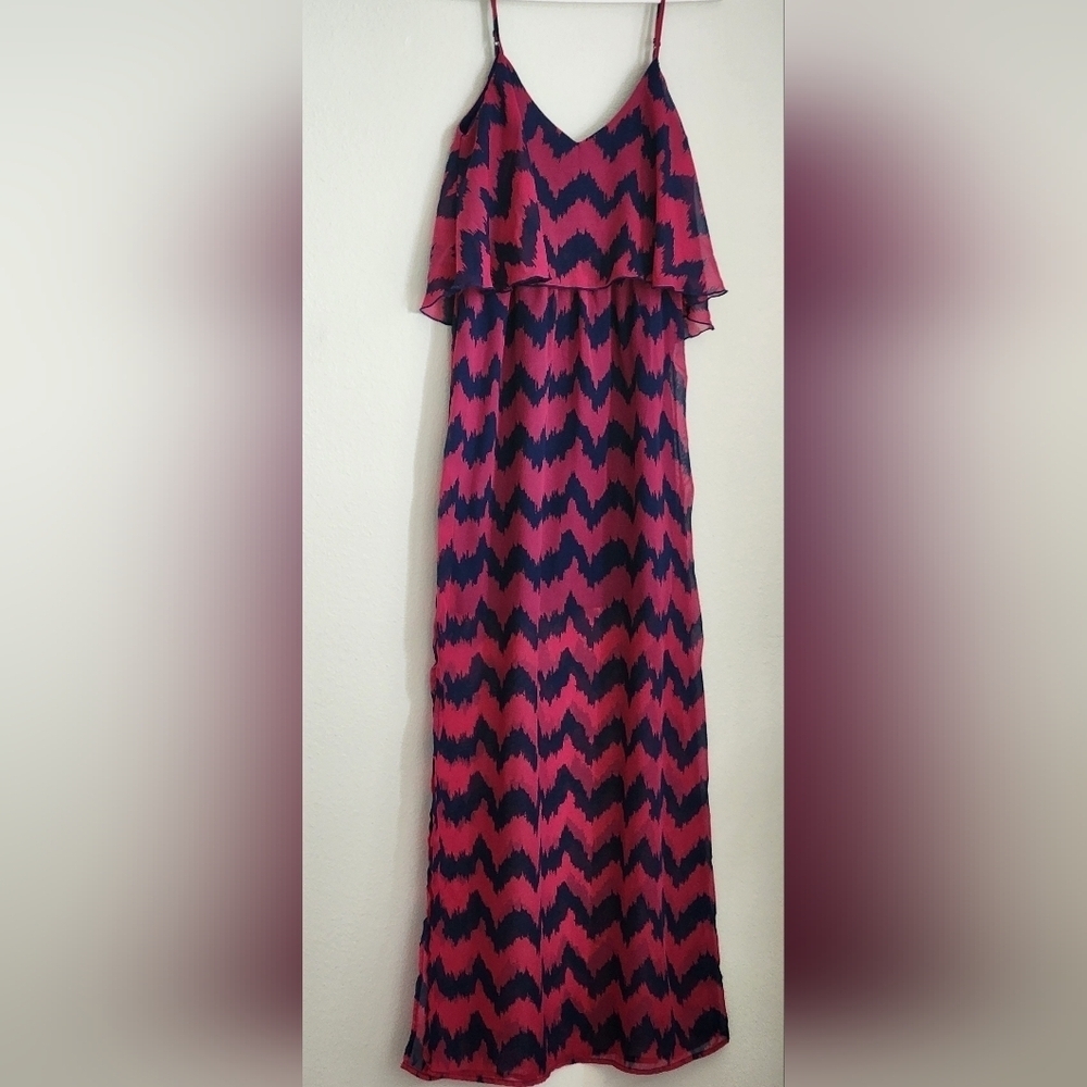 Ultra Flirt Navy & Fushia Maxi Chevron Dress Empire Waist Sz L